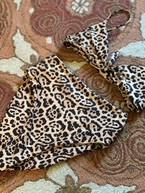 Skatie Leopard Print Triangle Bikini Top and High Waist Bottoms - Tan and Black